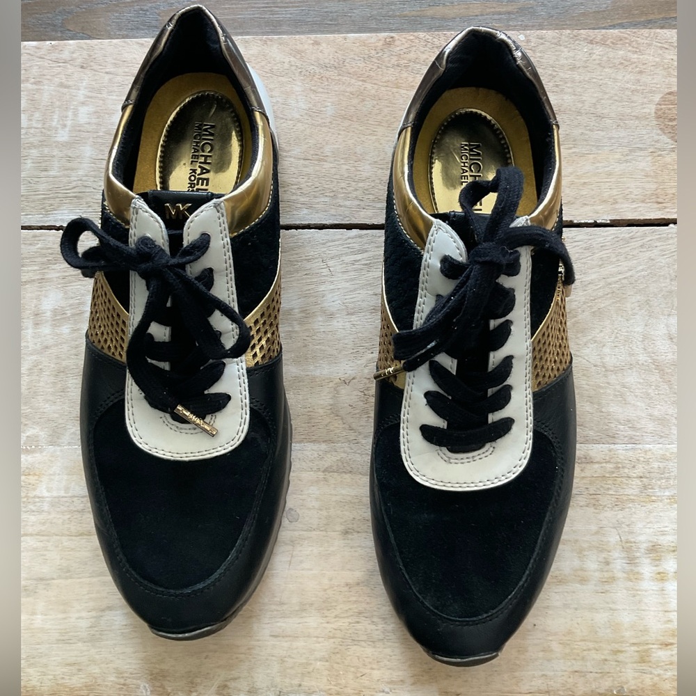 Women’s MICHAEL KORS Black and Gold Embellished Leather and Canvas Trainer 9.5